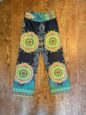 Black Wide-Leg Pants with Bright Mandala Print